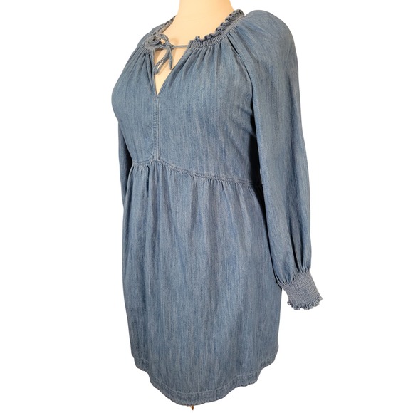 Old Navy XXL Blue Chambray Long Sleeve Tie Neck Smocked Mini Dress Pockets - Picture 4 of 7